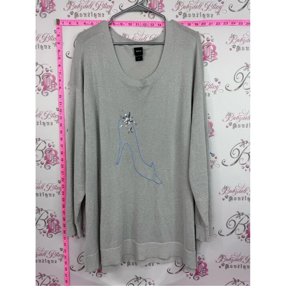Disney Cinderella sweater Silver Glitter Long Sleeve Top with Blue Shoe Appliqué